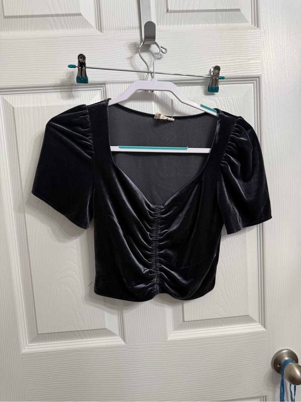 Meraki Silver Blue crushed Velvet Ruched Puff Sleeve Crop Top Women’s Medium Y2K